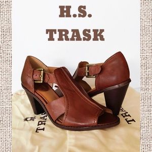 H.S. Trask Leather Brown Heels Peep Toe Buck Strap